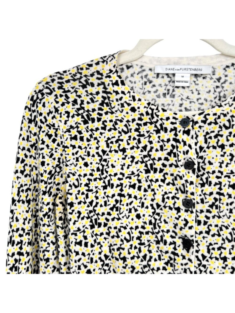 Diane Von Furstenberg Floral Preppy Quirky Cardigan Sweater Black Yellow Medium - Picture 2 of 10
